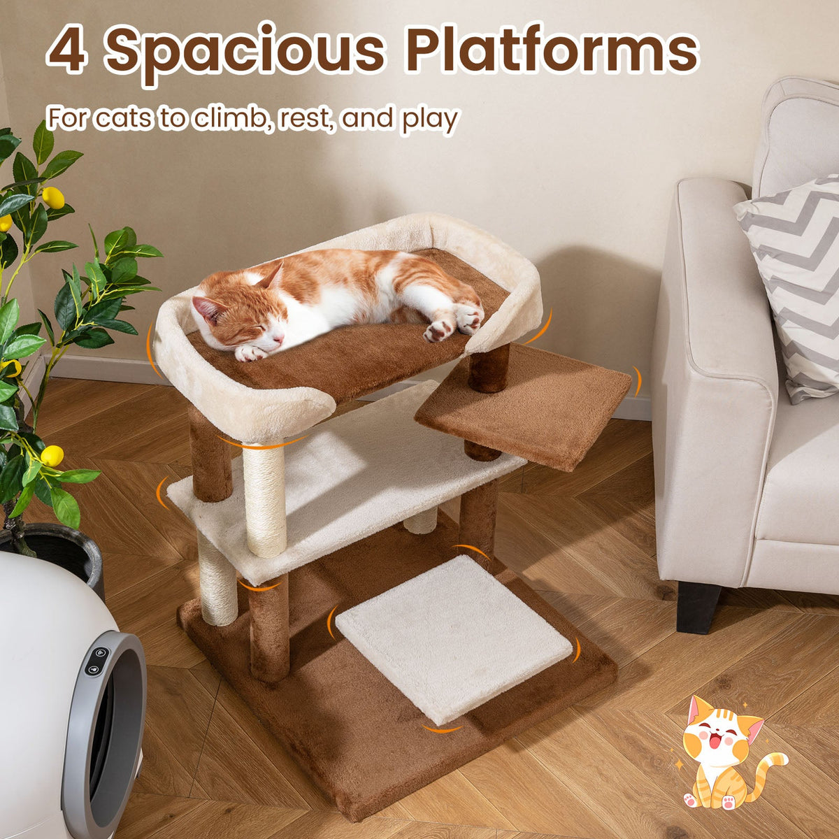 2-in-1 Cat Tree Tower Pet Steps with Sisal Scratching Posts and 4 Large Platforms-Brown