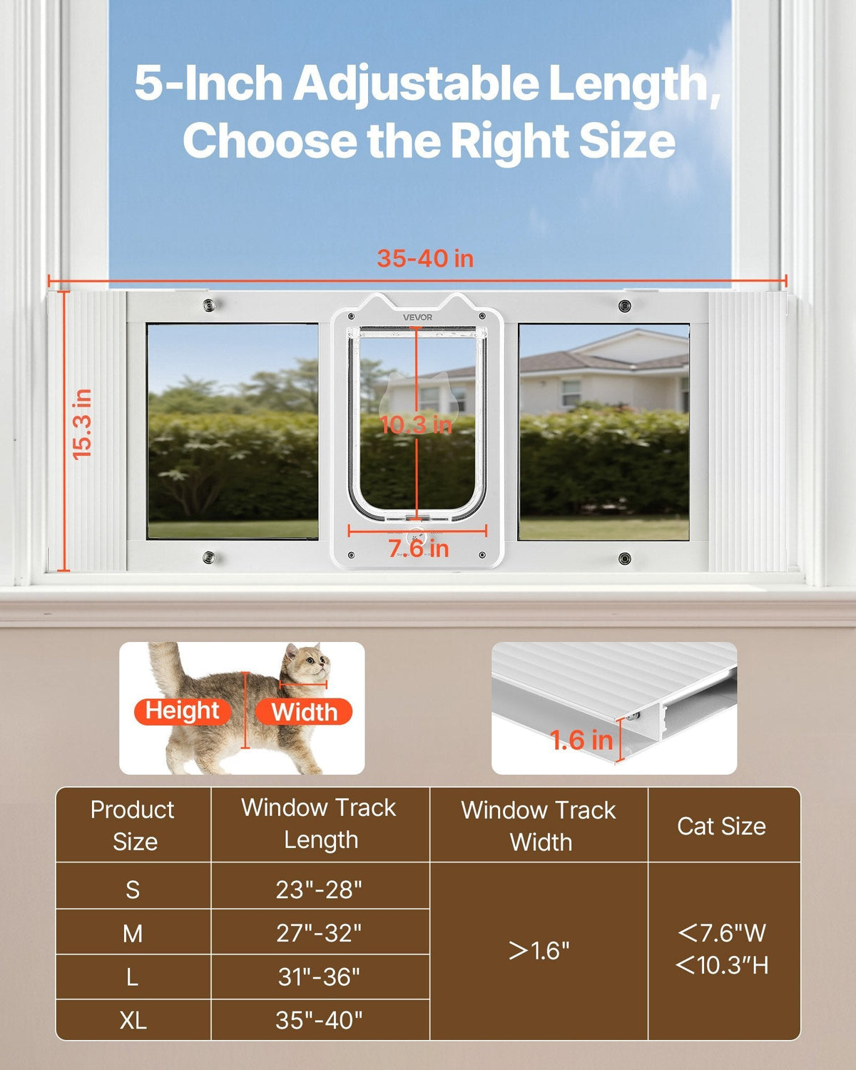 Cat Door for Window, Adjustable to Fit Window Width 35"-40", 4 Secure Lock Modes, Aluminum Frame and High-Transparency Glass, Magnetic Closure, Weatherproof Quick-Fit Pet Door for Cats, White