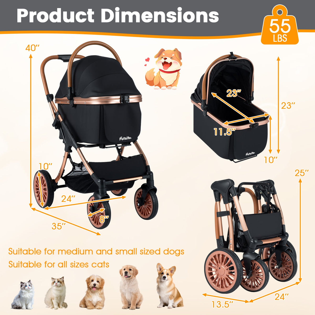 3-in-1 Foldable Pet Stroller with Sun Shade and Safety Belt for up to 55 lbs Small Medium Dogs Cats-Black