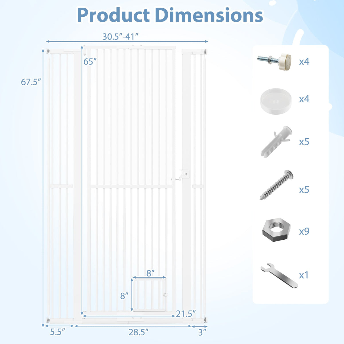 67.5" Extra Tall Pet Gate Heavy-Duty Metal Cat Gate with 30.5"-41" Wide Opening-White