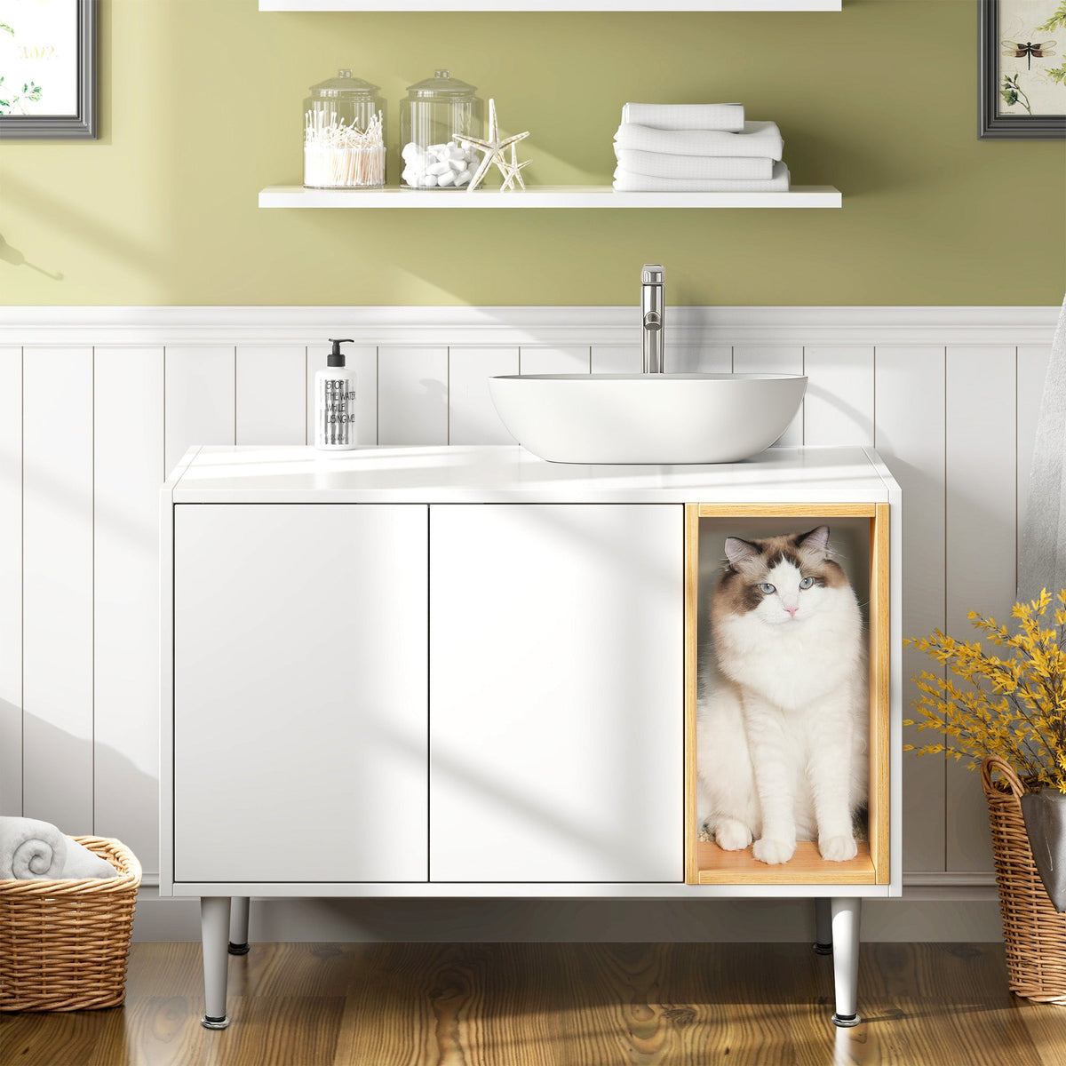 Bathroom sink cabinet, with cat trash can shell, hidden garbage pet bathroom, with partition, wooden cabinet furniture, white