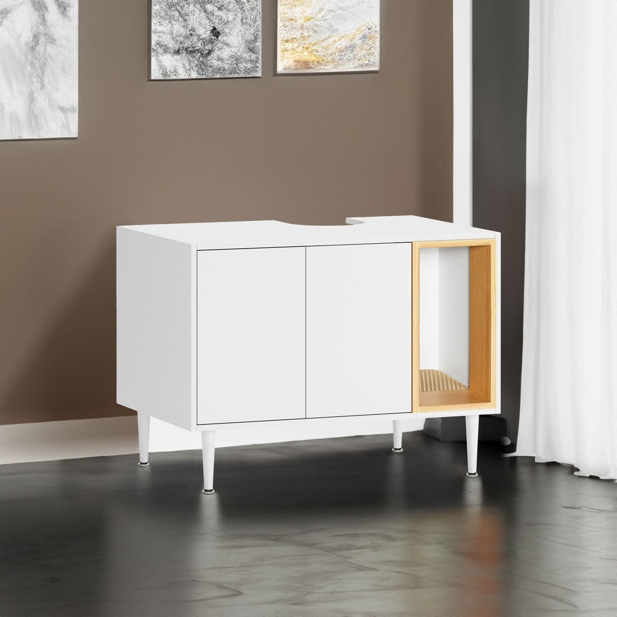 Bathroom sink cabinet, with cat trash can shell, hidden garbage pet bathroom, with partition, wooden cabinet furniture, white